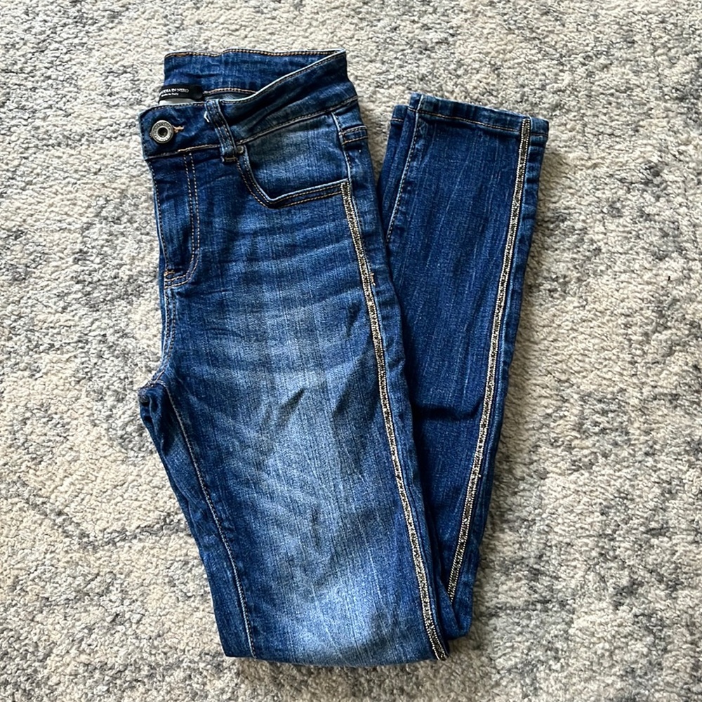 ANTHROPOLGIE High waisted denim jeans with rhinestone lines down the outer legs